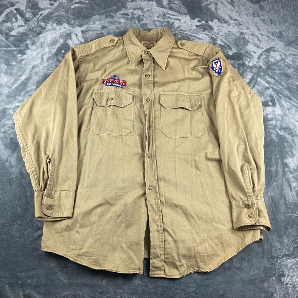 Vintage Shirt Military Vat Dye Sanforized Khaki Button Up USA Made 60s 0g 107
